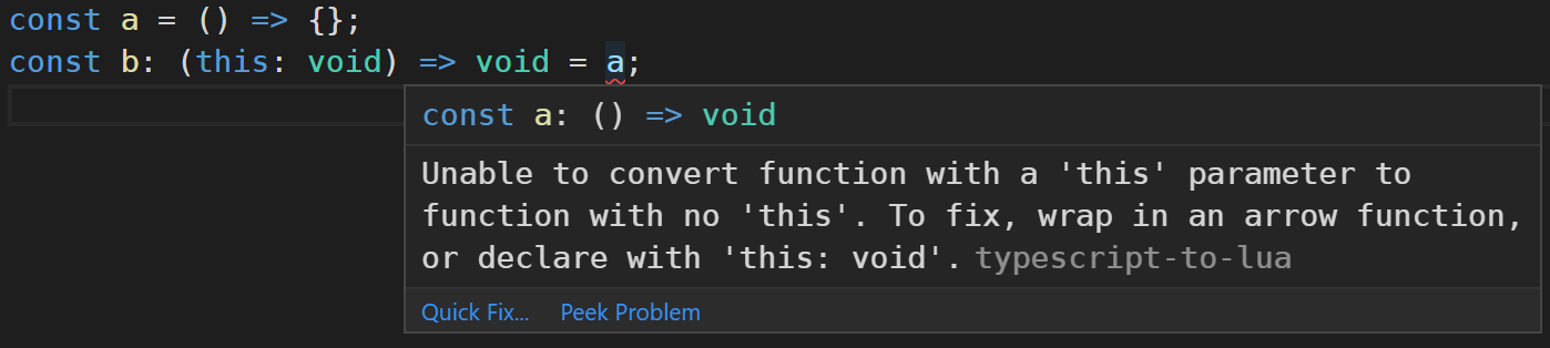 Autocomplete popup from Visual Studio Code with a TypescriptToLua specific error.